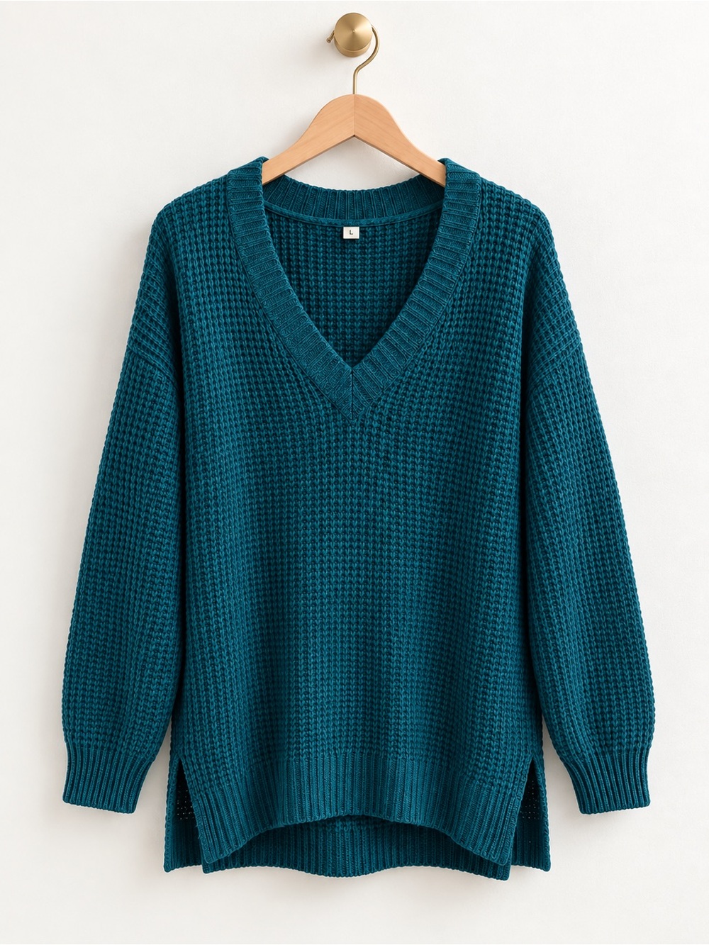 American Eagle Teal Chunky Knit V-Neck Sweater Size M High Low Side Slits